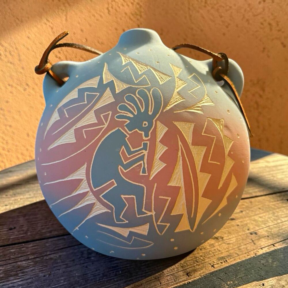 Signed Reynold Begay Navajo Pottery Canteen Kokopelli Sgraffito 1994 Native